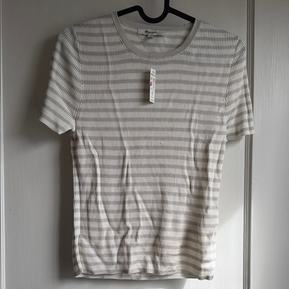 Madewell White and Light Gray Striped Short Sleeve Tee